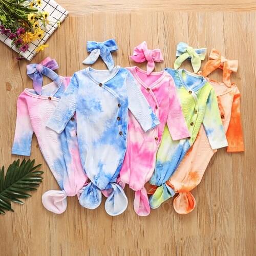 Baby Sleeping Bag Long-Sleeved Romper Fall V-neck Buttons Knitting Tie Dye Printed Clothes Headband