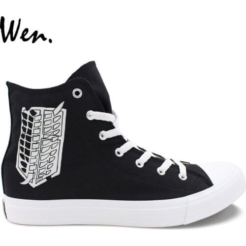 Wen Design Anime Shoes Black Sneakers Hand Painted Attack on Titan Logo Skateboarding Shoes High Top Lace Up Flat for Men Women