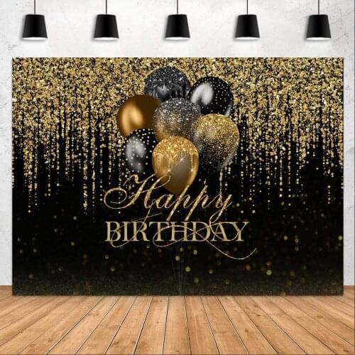 Happy Birthday Background Glitter Black and Gold Bokeh Balloons Golden Sequin Spots Photography Backdrop Adult Women Girl Banner