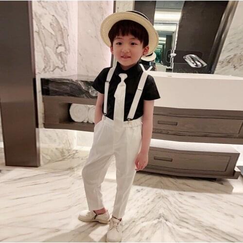 Boys T Shirt+Suspender+Pants+Tie 4PCS Clothing Set Kindergarten Graduation Suit Children Chorus Costume Kid Birthday Party Dress