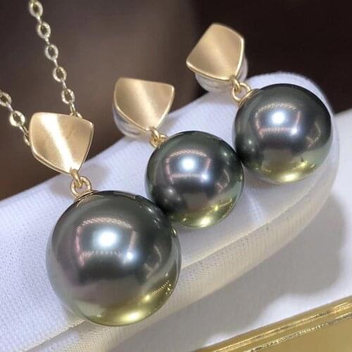 D524 Pearl Jewelry Set Fine Jewelry Solid 18k Gold Round 9-12mm Nature Sea Water Tahiti Black Pearls Pendants Necklaces
