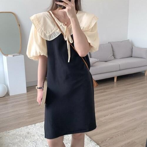 QOERLIN Above Knee Mini Dress Women Korean Sweet 2021 Summer Sweet Doll Collar Fake Two-Piece Lace-Up V-Neck Puff Sleeve Dress