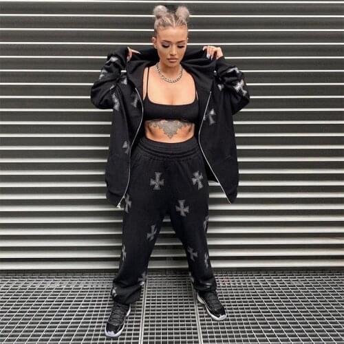 Fashion Punk Sport Coat Pullover Rhinestone Gothic Streetwear Long Sleeve Black Zip Hoodie Y2k Hip Hop Joggers Sweatshirt Korean