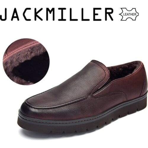 Jackmiller Top Brand Winter Mens Cow Leather Shoes Wool Lining Warm Casual Shoes For Man Brown Color Big Size Genuine Leather
