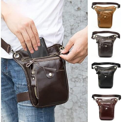 New mens leather leg bag outdoor sports first layer cowhide waist bag Korean retro cycling bag