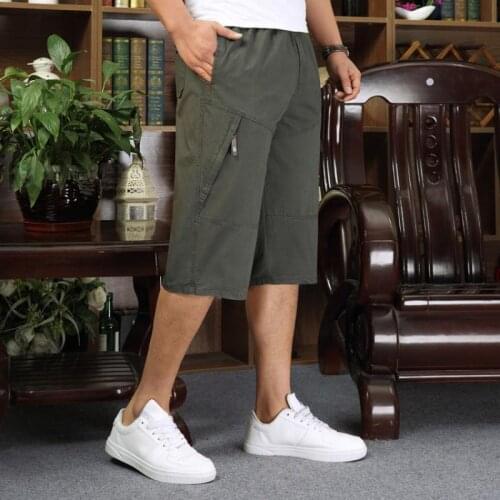 Look Thin Summer Mens Tooling Cotton 7-point Pants Father Mid-Pants Multi-pocket Slim Casual Loose Middle-aged Shorts Pants