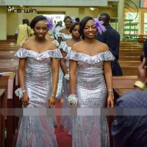 Mrs win Bridesmaid Dress Sequins Sliver Shining Plus Size Wedding Party Dresses Mermaid Off Shoulder HR138 Vestido Madrinha 2020