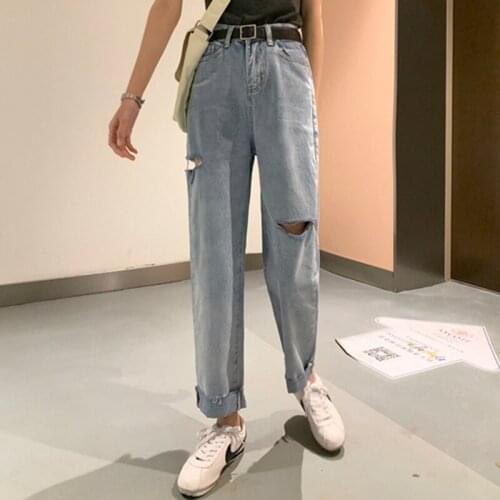 Casual Scratch Vintage Cotton Denim Jeans New Arrival Spring Korea Fashion Women High Waist Loose Blue Jeans All-Matched