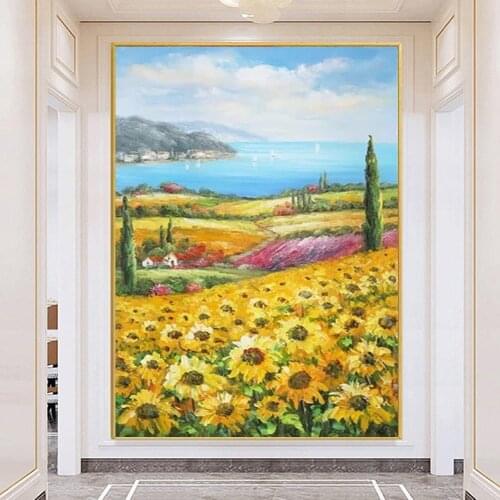 Household items hand-painted oil painting abstract sea view sunflower villa sailing bird canvas painting Mediterranean wall art