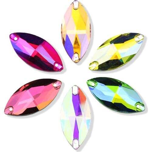 2020New sew on rhinestones Navette two holes flat back colorful AB sewing on rhinestone applique стразы for DIY wedding dress