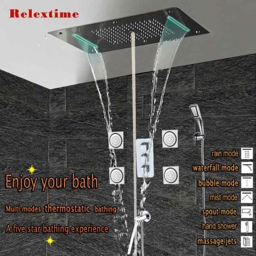 Relextime Polished Chrome Rain Shower Faucet Wall Mounted Concealed Bath Shower Set Massage Jets Spout Ceiling LED Shower Head