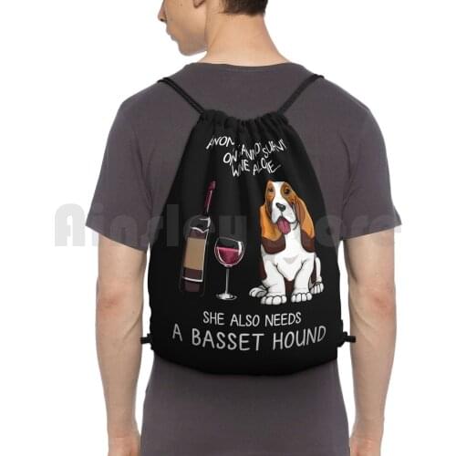Basset Hound And Wine Funny Dog Backpack Drawstring Bags Gym Bag Waterproof Dog Dog Mom Funny Dog Dog And Wine Doggy