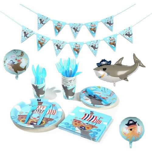 Pirate Shark Theme Party Decoration Disposable Tableware Paper Cup Plate Napkin Banners Baby Shower Kids Birthday Party Supplies