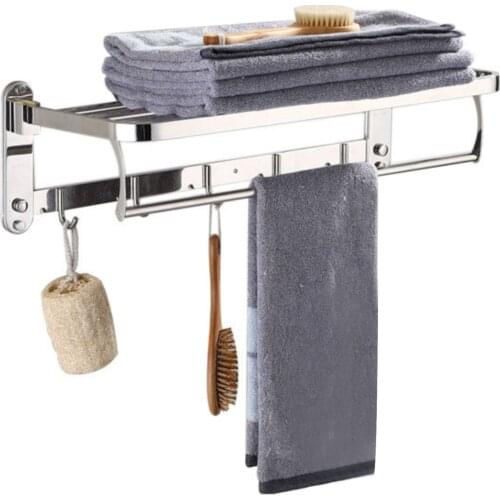 Top quality Folding Movable Towel Bar Rack 60cm SUS 304 Stainless Steel Polished Towel Holder Storage Shelf Hook for Bathroom