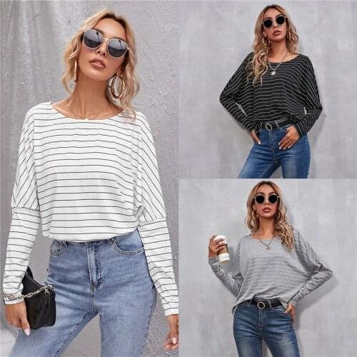 Spring Autumn Women Round-neck Long Sleeves Stripe Printed T-shirt Casual Loose Pullover Tops Fashion Soft Tee Top