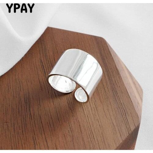 YPAY Pure 925 Sterling Silver Open Ring For Women Men Smooth Face Big Finger Rings Punk Style Bijoux Femme Fine Jewelry YMR228