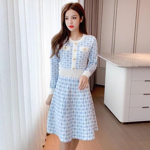 Fashion womens dress 2020 autumn small fragrance wind contrast color plaid waist slim long-sleeved knitted dress