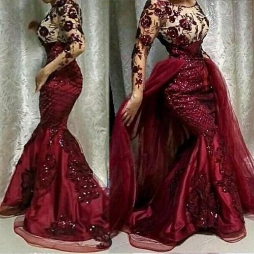 Burgundy Sequined Floral Lace Mermaid Evening Dresses With Detachable Train Modest Full Sleeves Prom Gowns Muslim Formal Party D