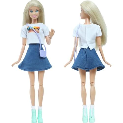 BJDBUS 1 Set Doll Outfit White T-shirt Blue Skirt Sock Boot Shoes Bag Clothes for Barbie Doll Baby DIY Dress Up Accessories Toys