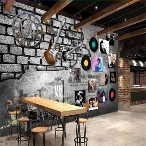 Beibehang Large custom any size 3D European retro personality rock music album brick wall clock bar background wall