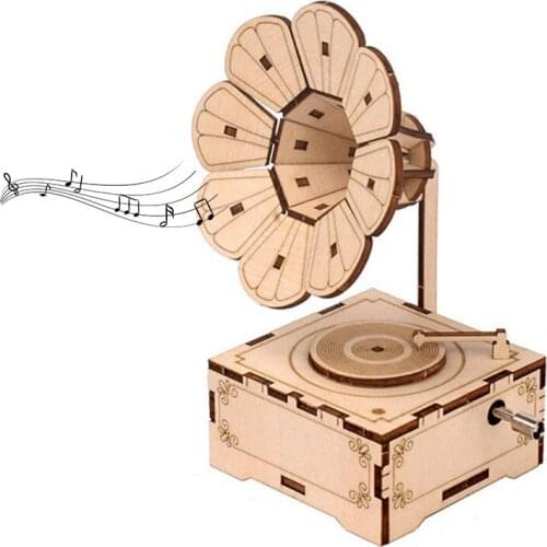 Children Wooden DIY Hand Cranked Phonograph Music Box Creative 3D Wooden Puzzle Assembly Model Building Kits Toys