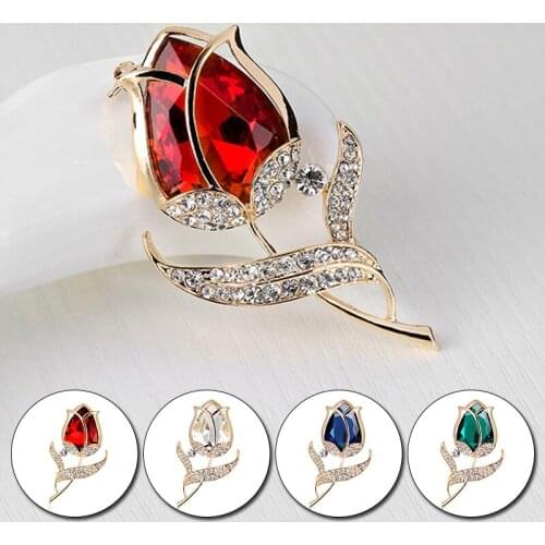 Elegant Tulip Flower Brooch Pin for Women Fashion Shiny Rhinestone Brooch Female Party Tulip Pin Clothes Jewelry Accessories
