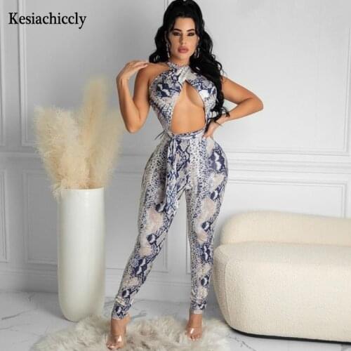 Kesiachiccly women sexy Leopard jumpsuits new elastic skinny fitnees nightclub backless bandage hollow out female sexy rompers