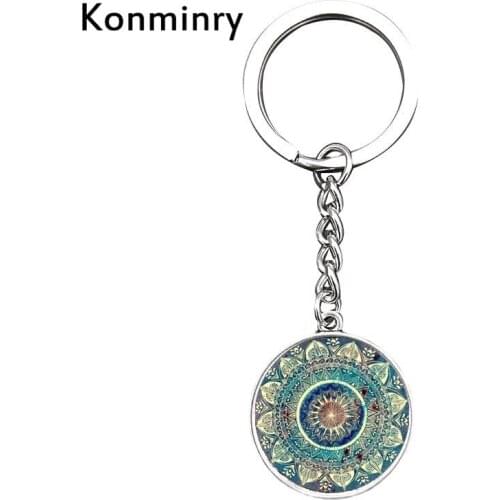 Classic Mandala Long Key Chains Holder Colors Henna Flower Yoga Glass Dome Pendant Keyring Women Men Jewelry Konminry