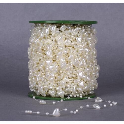 A Roll 60 Meters Length 9mm Love Heart And 3mm Artificial Pearls Bead Fishing Line Chain Party Home Decor DIY Hair Accessories