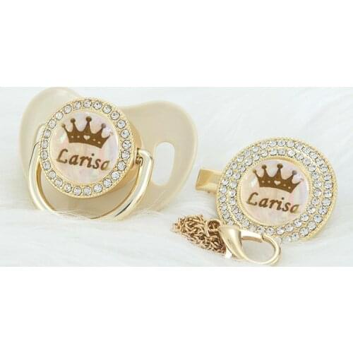 MIYOCAR Personalized Khaki bling crown name bling pacifier and pacifier clip BPA free dummy bling unique design PCG-1