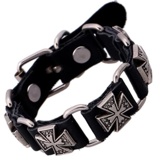 Fashion Punk Men Black Bracelet Belt Cowhide Leather Wristbands Vintage Cross Charm Women Adjustable Bangle Retro Gothic Jewelry