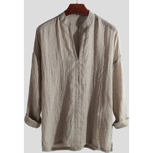 Mens Chinese Style Solid Color Loose V-Neck Long Sleeve Pullover Tops Breathable Comfy Casual Shirt Top Cotton Linen M-2XL