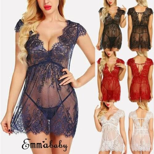 New Hot Fashion Ladies Lace Perspective Sexy Pajamas Sleepwear Babydoll G-String Women Lingerie Nightwear Exotic Sets