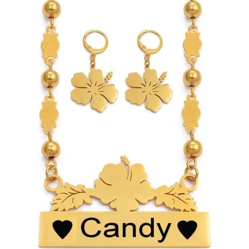 Anniyo Customize Name Necklace Earrings Micronesia Guam Hawaiian Flower Jewelry Sets for Print Letters Birthday Gift #116621