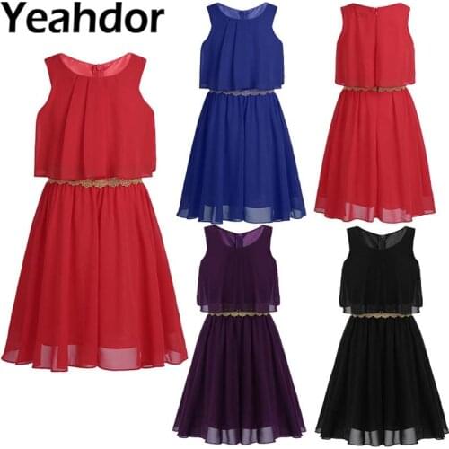 Summer Girls Casual Dress Pleated Ruffled Popover Kids Girls Chiffon Dress with Decorative Trim Flower Girls Dress for Wedding