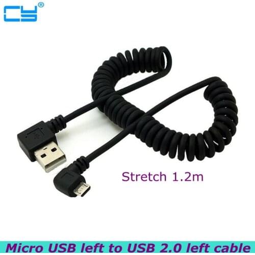 Micro usb male 90 degree left angled to usb male left angled spring Retractable stretch cable sync data Fast charge 2A 1.2m/4FT