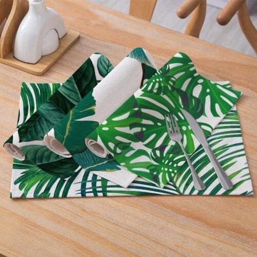 Modern Cotton Hemp Meal Mat Green Plant Antiskid Heat Insulation Table Mat Western Food Mat Home Decoration Coaster