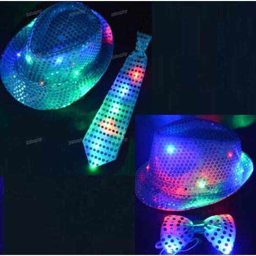Flashing Light Up LED Sequin Tie Bow With Fedora Hat Party Bow Tie Wedding Birthday Party Boy Men Christmas