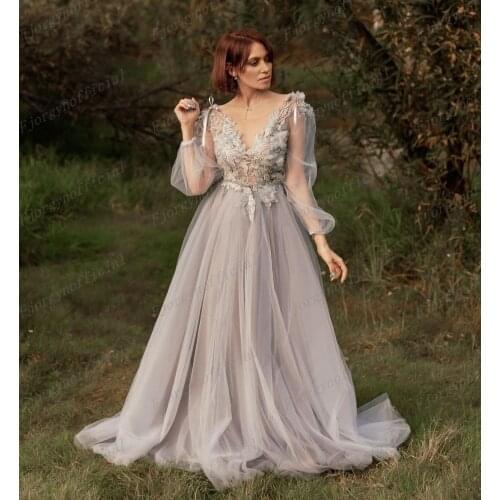Delicate Long Sleeve Sheer Neck Applique Lace Tulle Formal Dresses A-Line Tiered Ruffles Sweep Train Party Dress Prom Gowns Robe