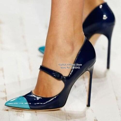 Sexy Mary Jane Pumps Navy Blue Button Strap Color Patchwork Dress Shoes Pointed Toe Stiletto Heel Mixed Color Party Shoes