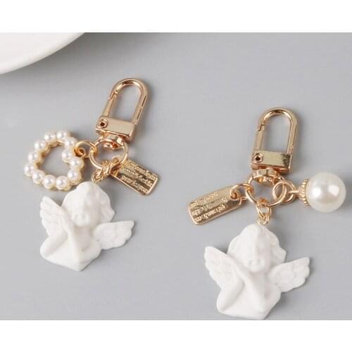 Vintage White Angel Pendant Keychain for Women Girl Cute Pearl Bead Heart Key Chain Gold Color Car Key Ring Holder Charm Jewelry