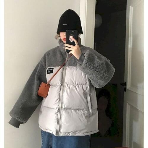 2020 Winter New Cotton-padded Jacket Women Thickening Korean Version Loose Wild Stitching Lamb Wool Plus Size Ladies Coats