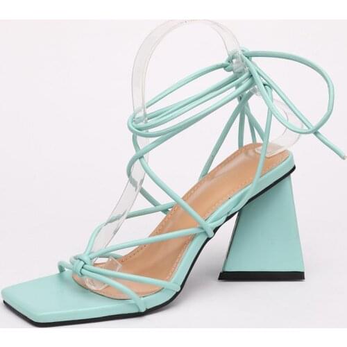 2021 New Summer Women Sandals Fashion Cross-Tied Strange High Heels Shoes Sexy Square Toe Lace-Up Party Pumps Size 41 42