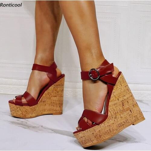 Ronticool New Handmade Women Sandals Cork Wedges Heel Open Toe Fuchsia White Yellow Black Wine Red Party Shoes US Plus Size 5-20