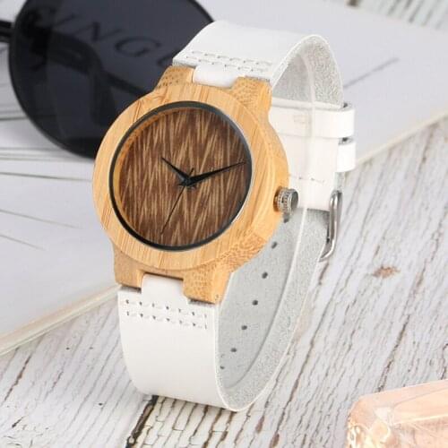 Retro Coffee Dial Bamboo Wood Watch for Women Minimalist White Leather Band Clock Hour Quartz Ladies Dress Watch dames horloges
