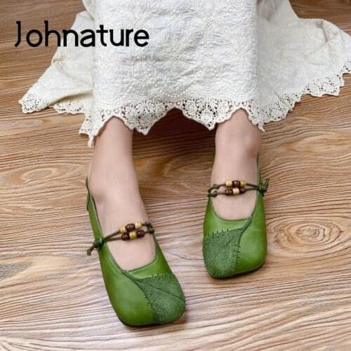 Johnature Flats Women Shoes Genuine Leather Square Toe Spring/Autumn 2021 New Buckle Strap Handmade Leisure Concise Ladies Shoes