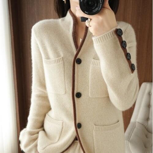 100% Cashmere / Wool Sweater Autumn/Winter 2021 Womens Stand-up Collar Cardigan Casual Knit Tops Korean Plus Size Female Jacket