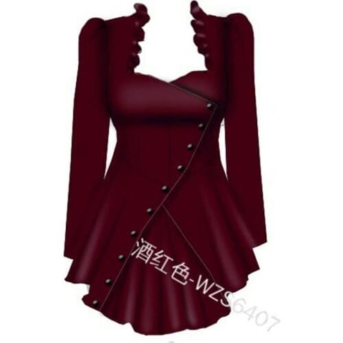 Medieval Halloween 5XL Plus Size Autumn Women Dress Gothic Steampunk Flared Sleeve Lace Up Loose T-Shirt Tops Blouses Black Red