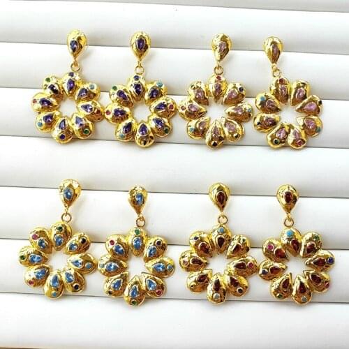 1 pair Electroplated Gold color Earrings,rhinestone CZ pave charm Flower shape Dangle Earrings For women jewelry gift ER1014