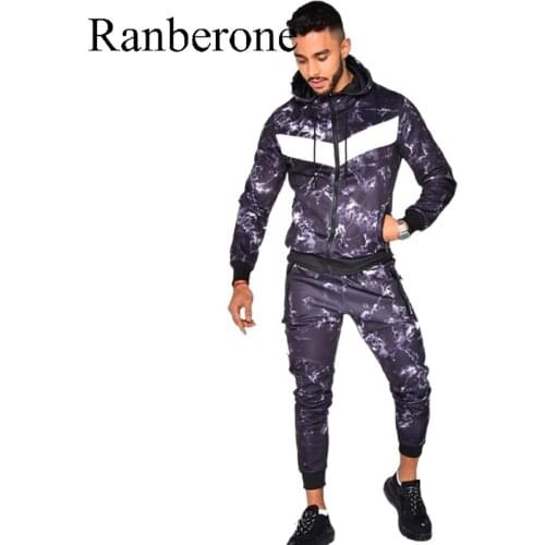 Ranberone 2 Pce Sets Tracksuit Men Hooded Jacket+Zip Pants Pullover Printing Sportwear Stitching Hoodie Male Clothes Size M-3XL